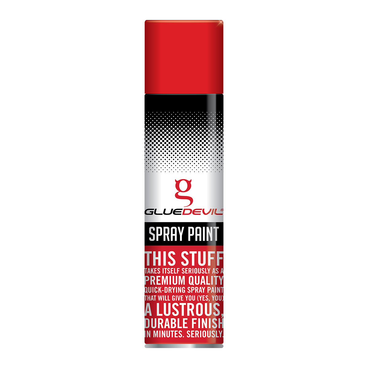 Spray paint can with Glue Devil branding on a white background