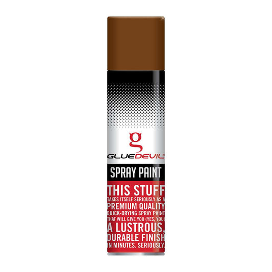 Spray paint can with Glue Devil branding on a white background