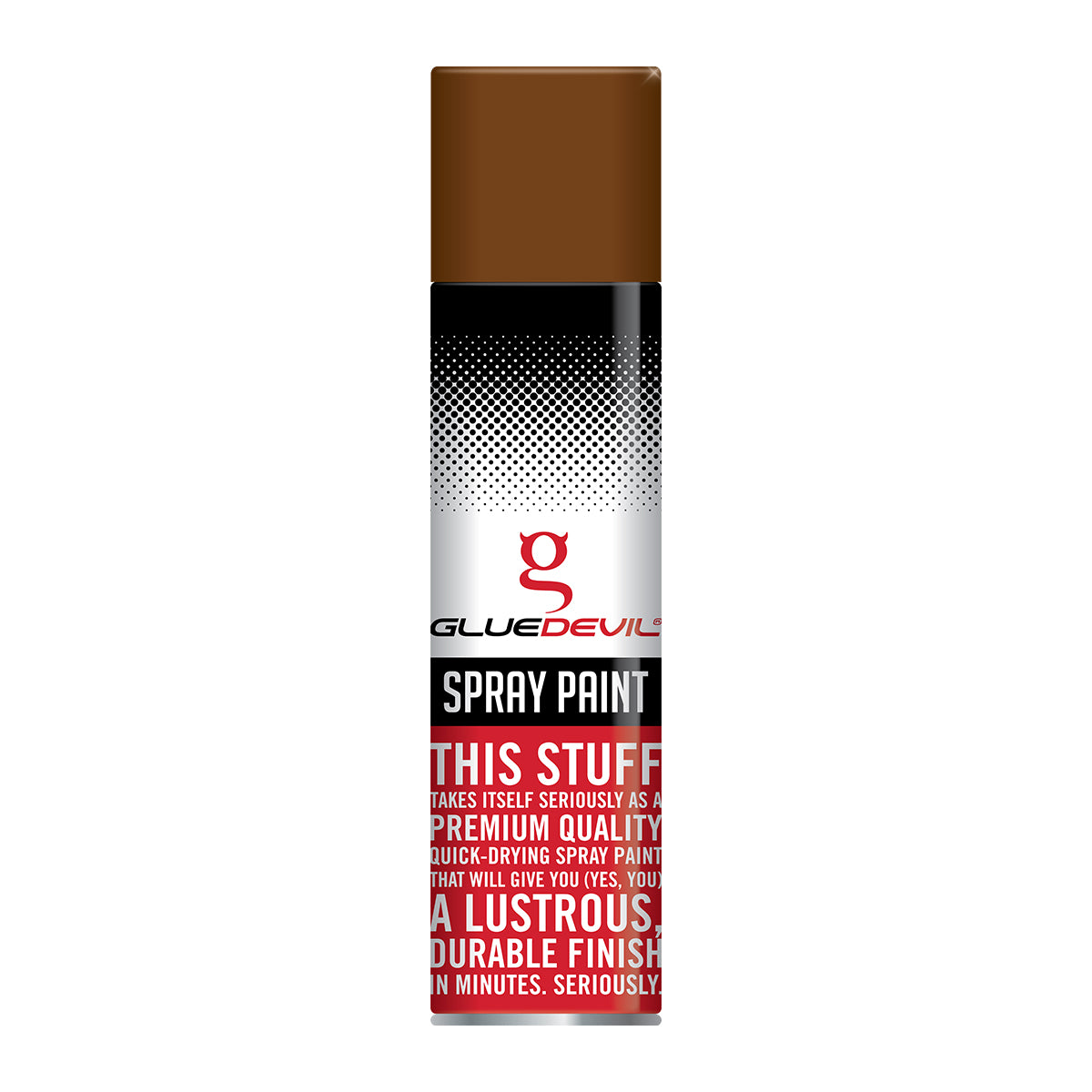 Spray paint can with Glue Devil branding on a white background