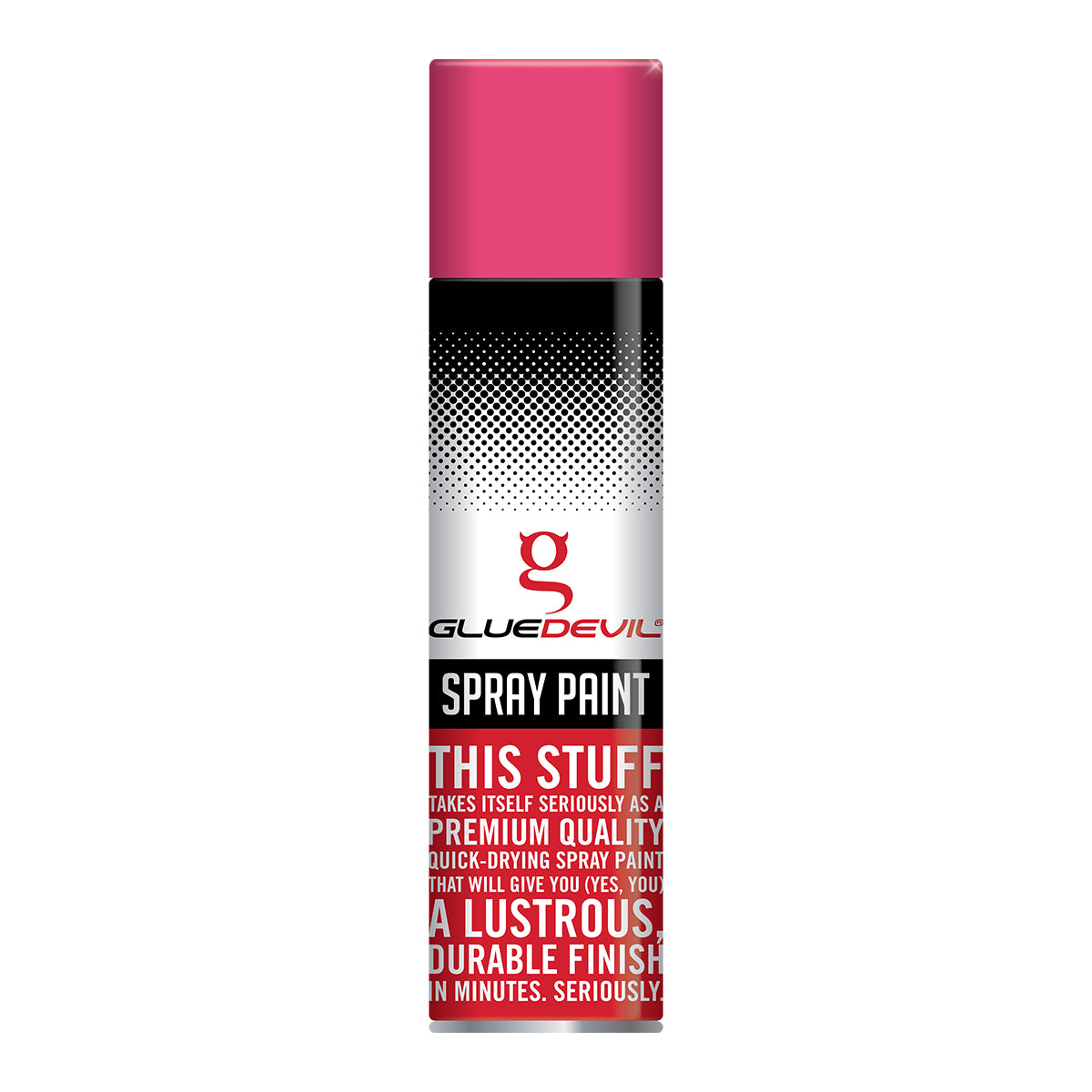 Spray paint can with pink top and black and white label on a white background