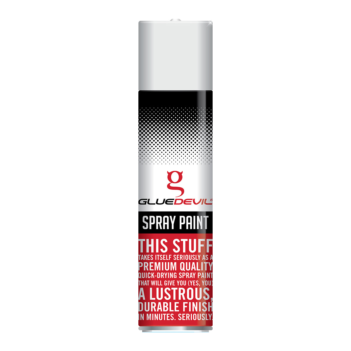 Spray paint can with Glue Devil branding on a white background