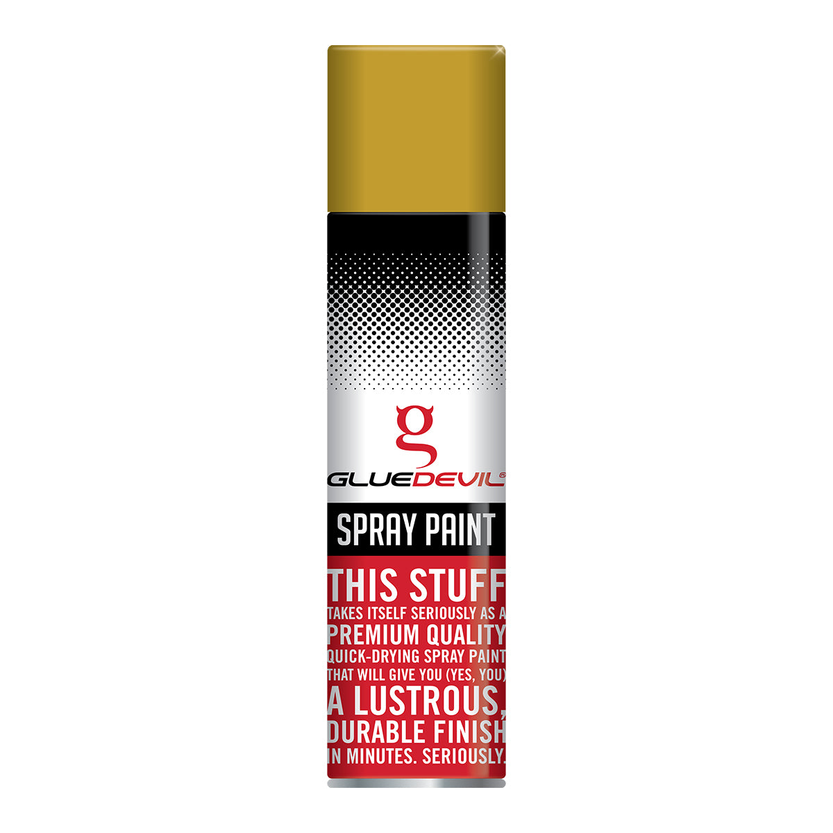 Spray paint can with Glue Devil branding on a white background
