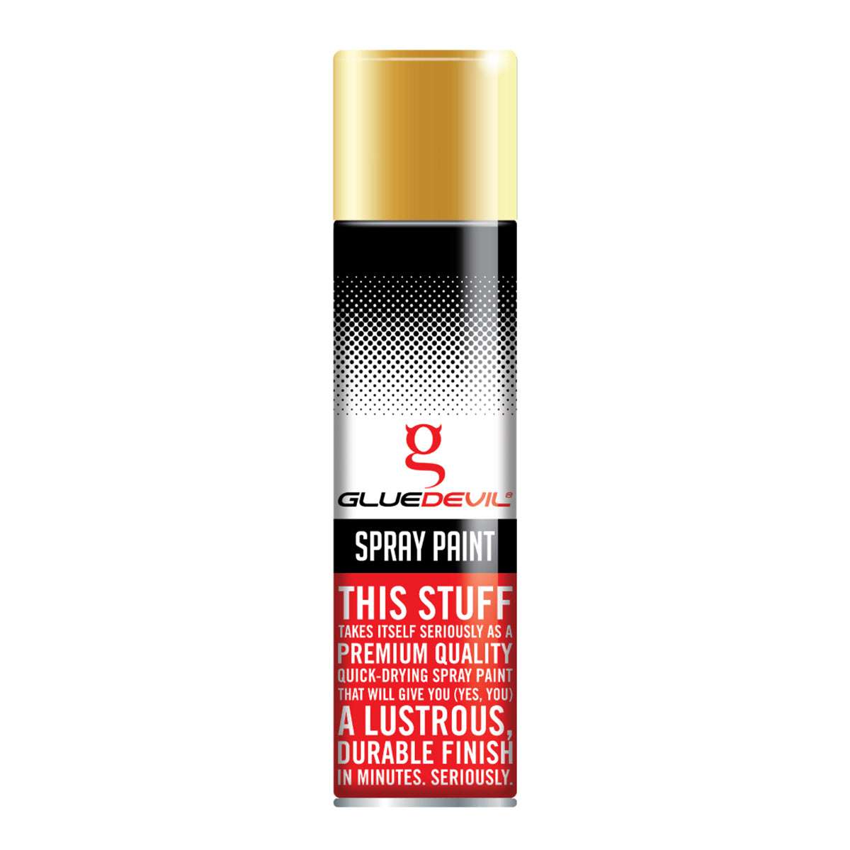 Spray paint can with gold cap and red text on a white background