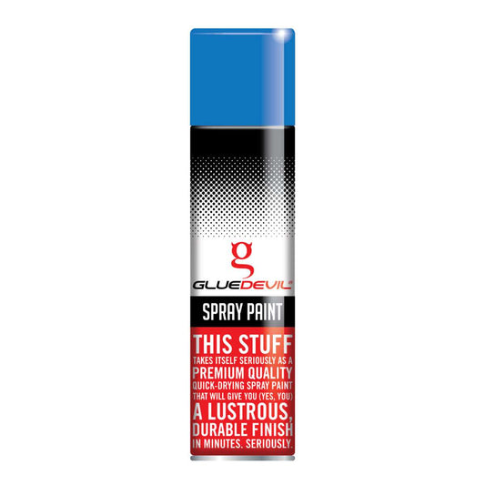 Spray paint can with blue top and red and black label on a white background