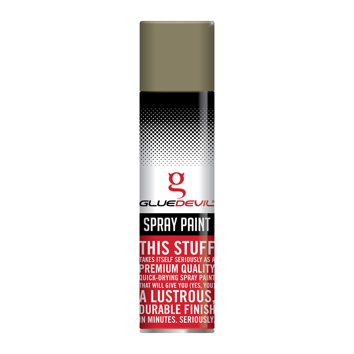 Spray paint can with Glue Devil branding on a white background