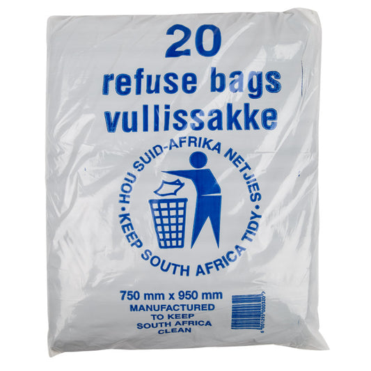A pack of 20 white refuse bags with blue text and graphics, including a recycling symbol and text encouraging keeping South Africa tidy.