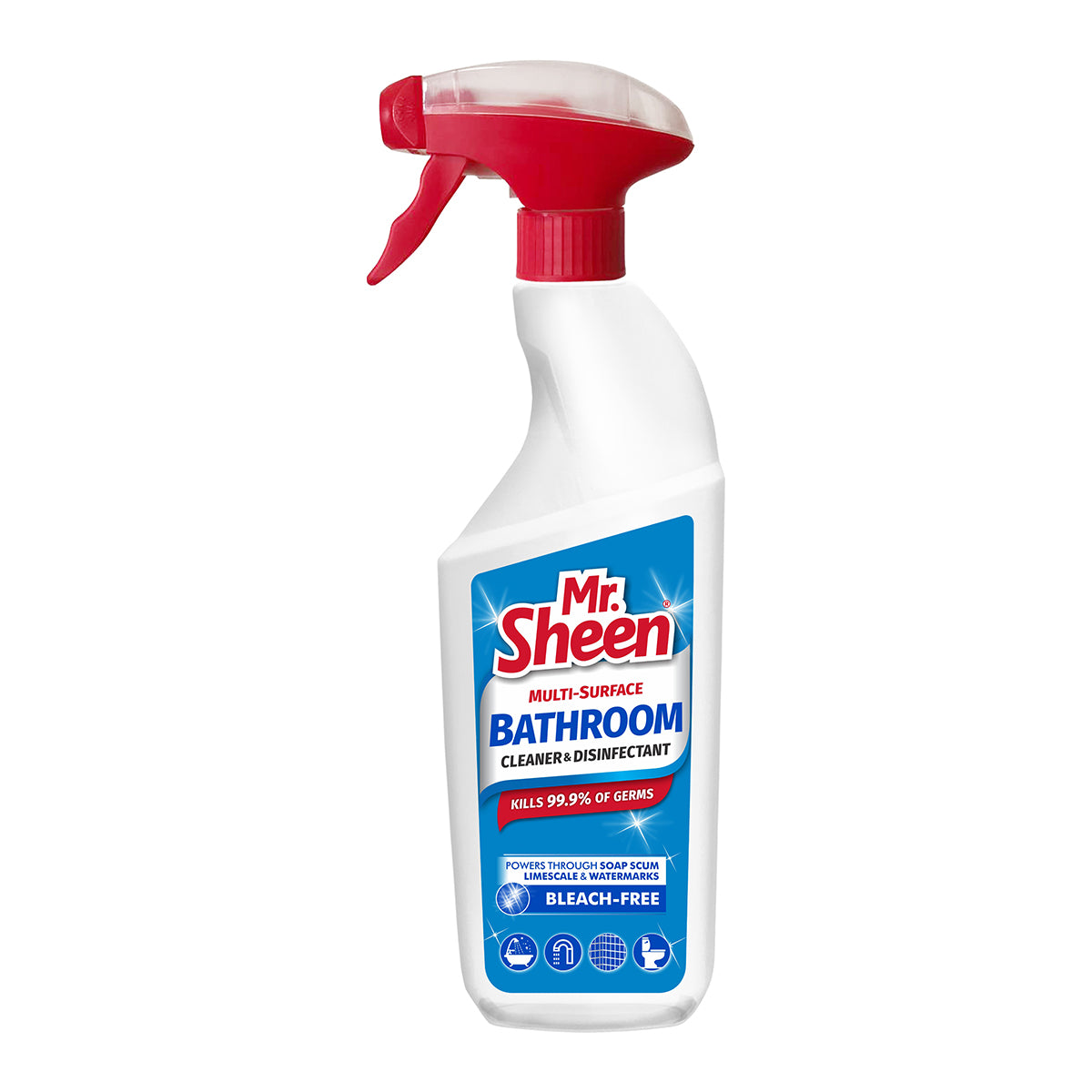 A bottle of Mr Sheen Multi-Surface Cleaner & Disinfectant for Bathroom with a red spray nozzle and a white label.