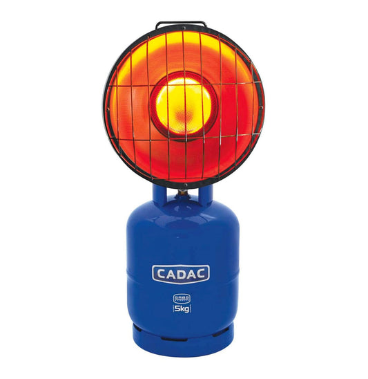A portable Cadac gas heater with a red heating element and a blue base, designed to fit directly on all Cadac domestic gas cylinders.