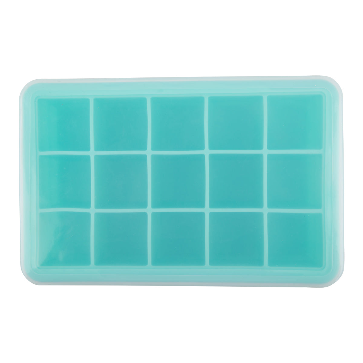 Teal silicone ice cube tray on a white background