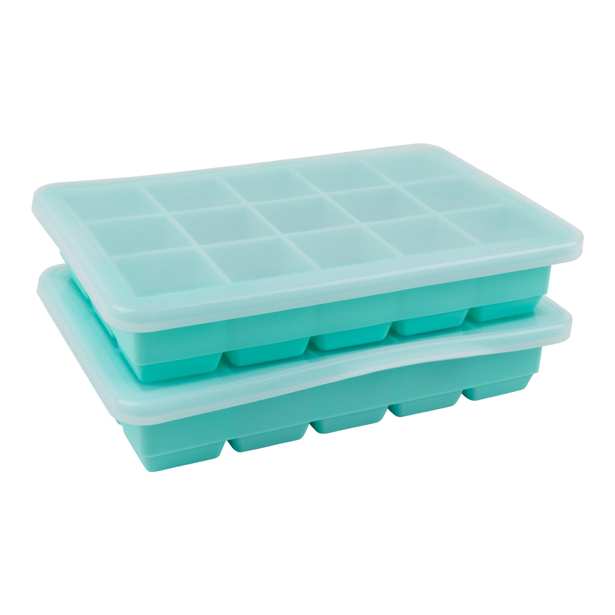 Two turquoise silicone ice cube trays on a white background