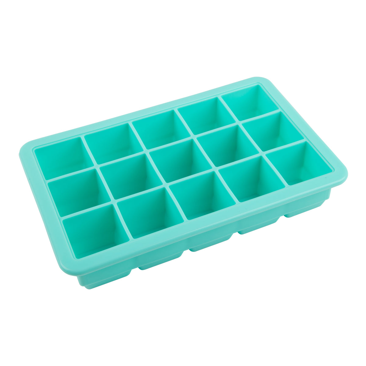 Turquoise silicone ice cube tray on a white background
