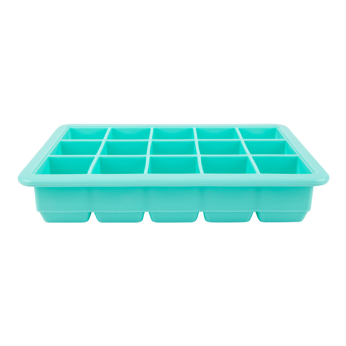 Turquoise silicone ice cube tray on a white background