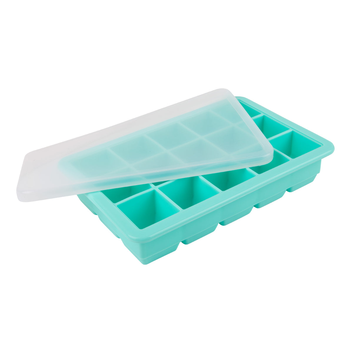 Turquoise ice cube tray with a white lid on a white background