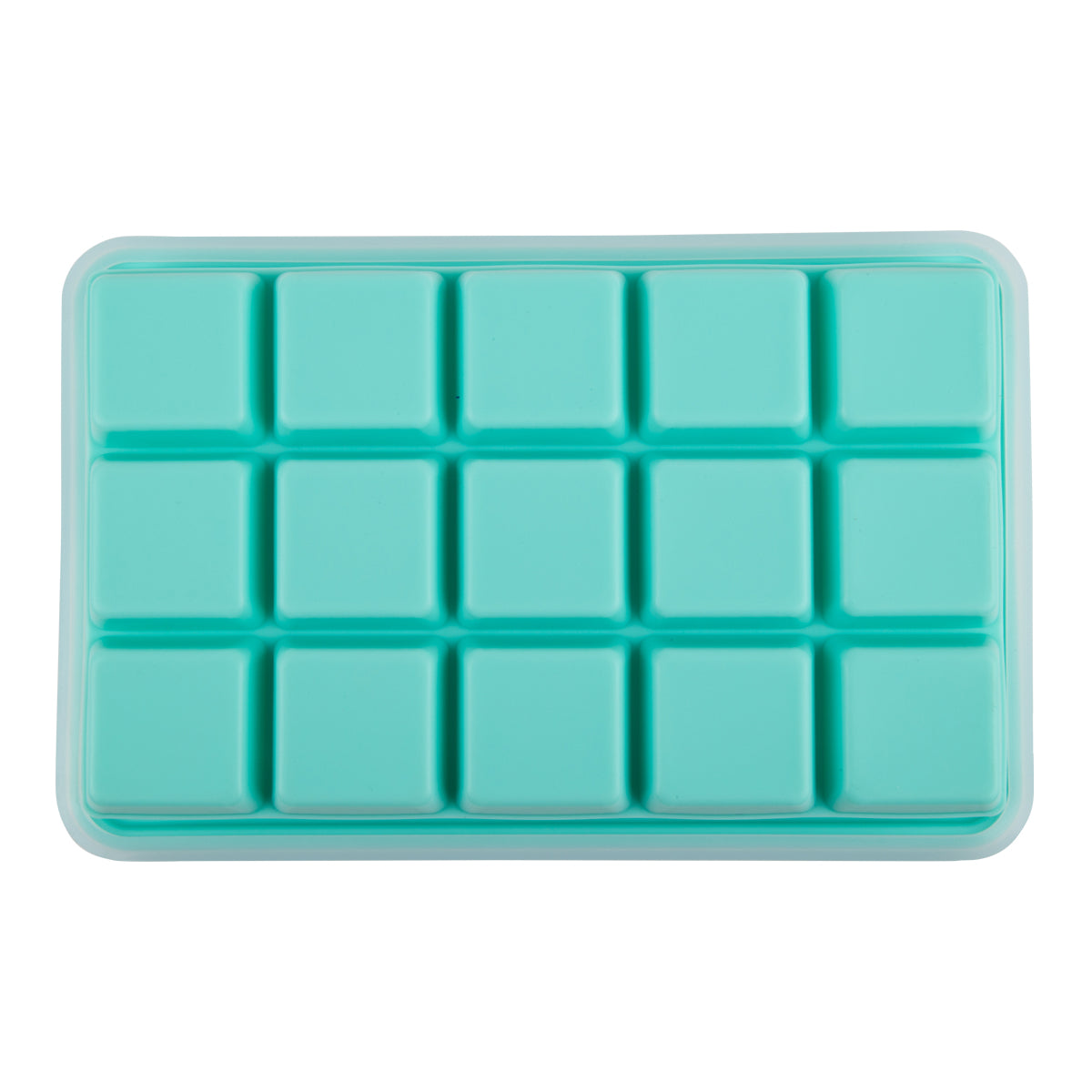 Turquoise silicone ice cube tray on a white background