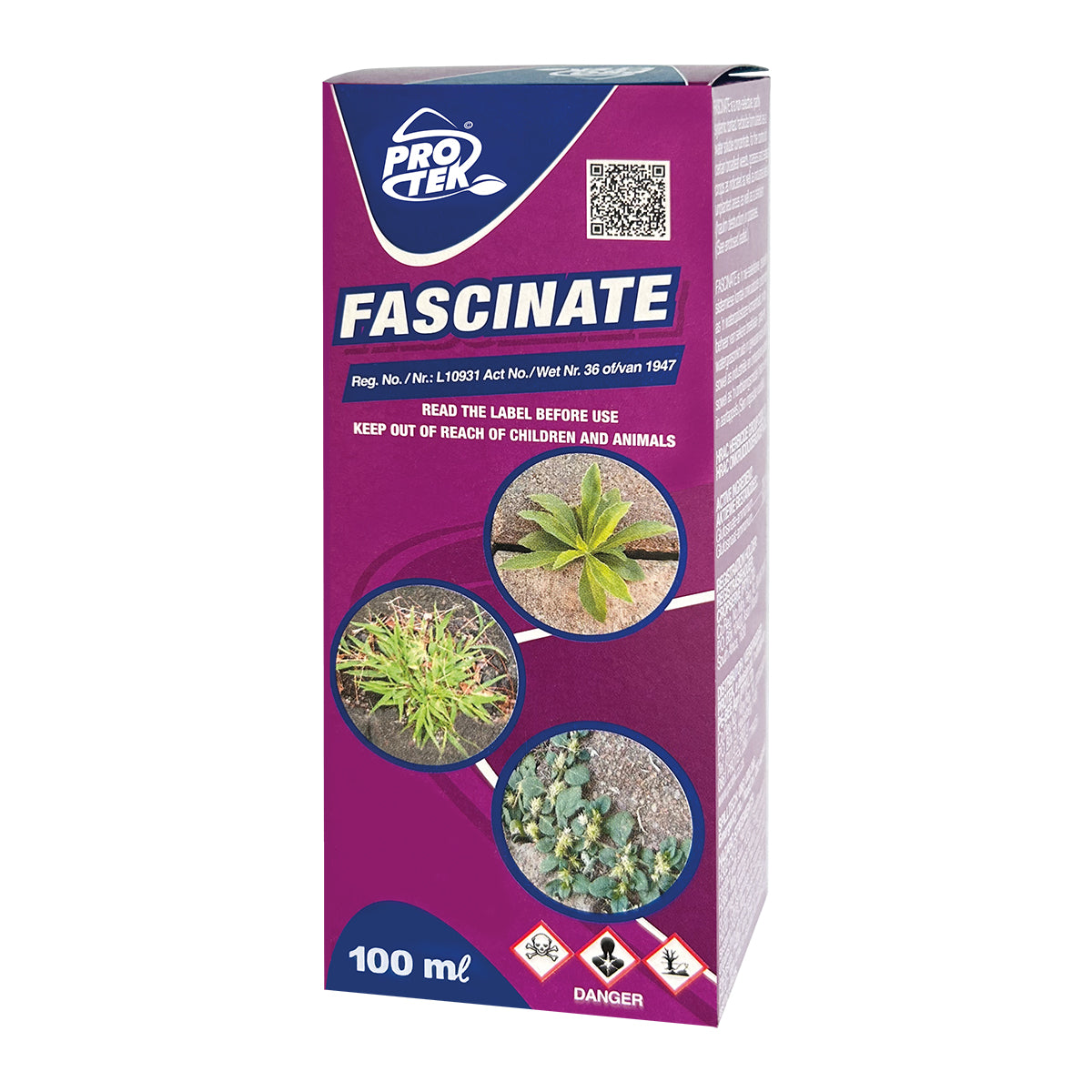 A box of Protek Fascinate herbicide with a 100ml volume indicator, featuring images of target weeds and the brand's website.