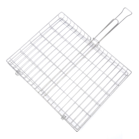Stainless steel braai grid on a white background