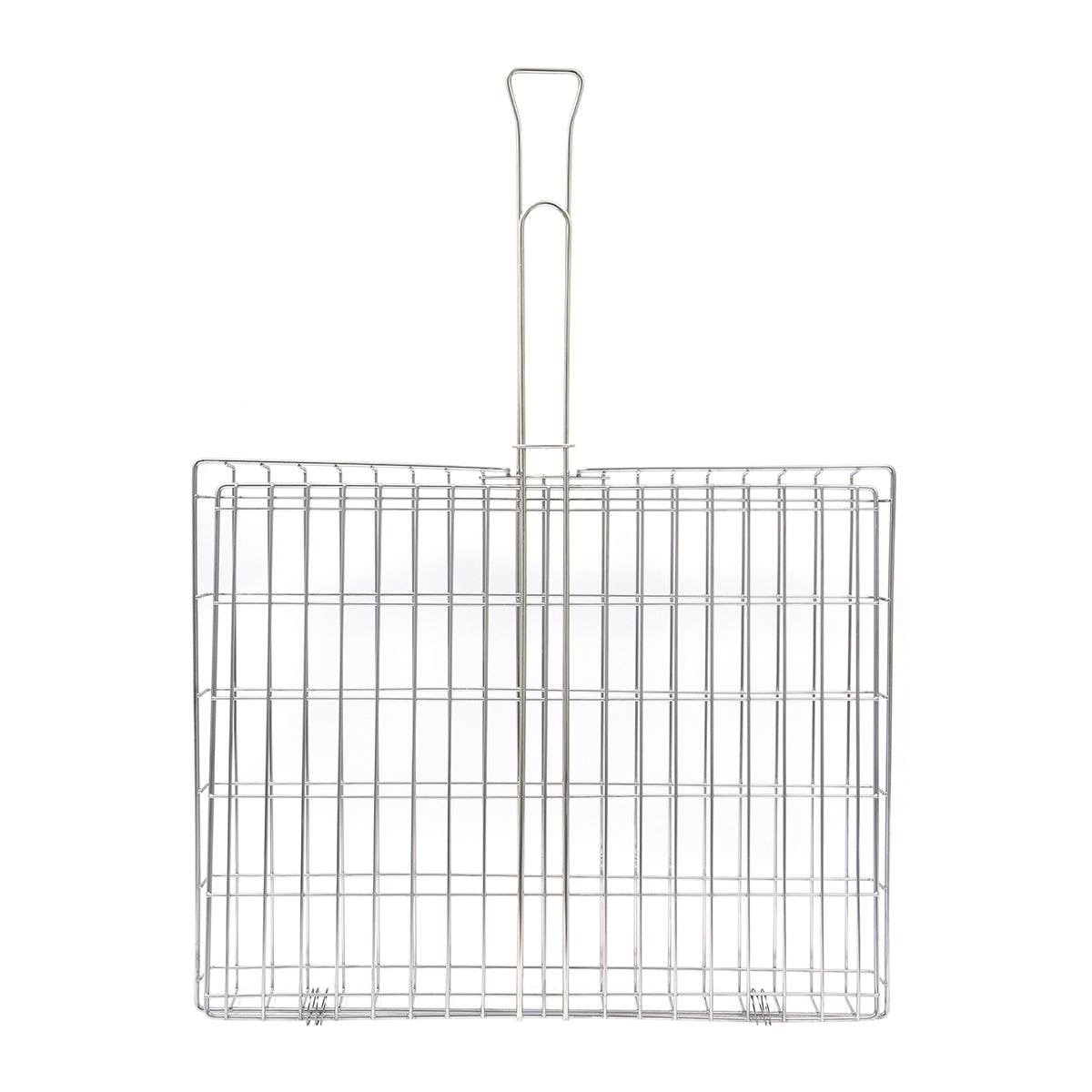 Stainless steel braai grid with handle on a white background