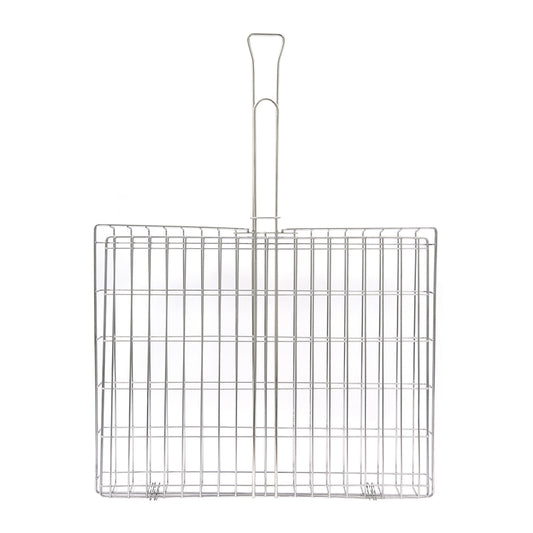 Stainless steel braai grid with handle on a white background