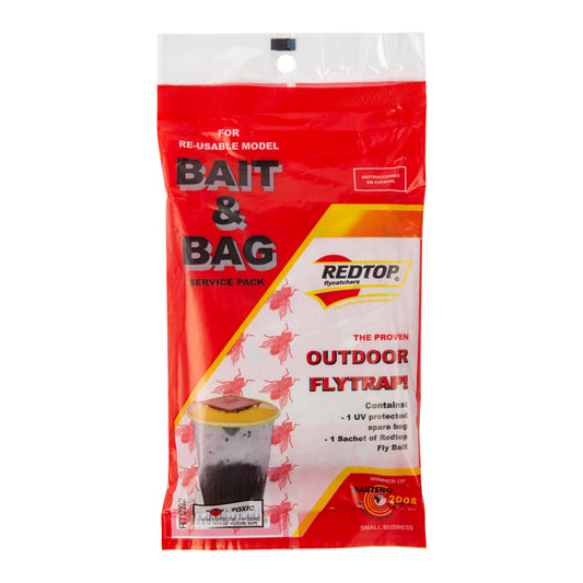 A pack of Redtop Flycatcher bait and bag service pack, with product information and branding on the packaging.