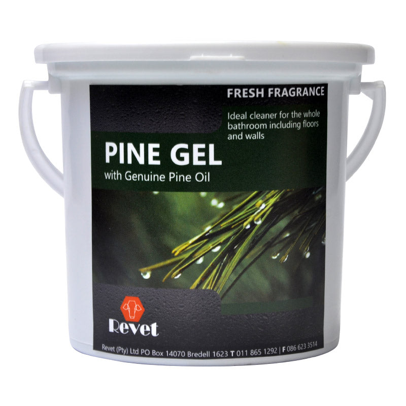 A white bucket of Revet Pine Gel with a label showing a pine tree and the text 'Fresh Fragrance', indicating the scent of the gel.