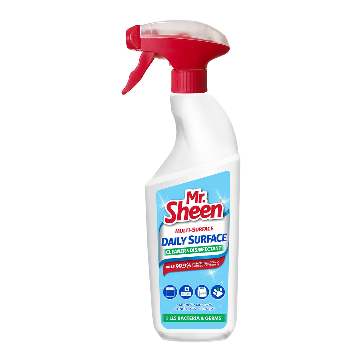 A spray bottle of Mr Sheen Multi-Surface Cleaner & Disinfectant Daily Surface cleaner, predominantly white with a red spray nozzle and blue and green accents on the label.