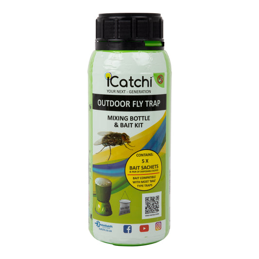 A green Icatchi Outdoor Fly Trap Mixing Bottle with a label showing images of flies and a QR code.
