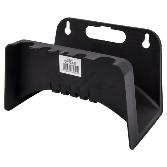 Wall-mounted black hose hanger made of plastic, designed for neatly storing garden hoses.