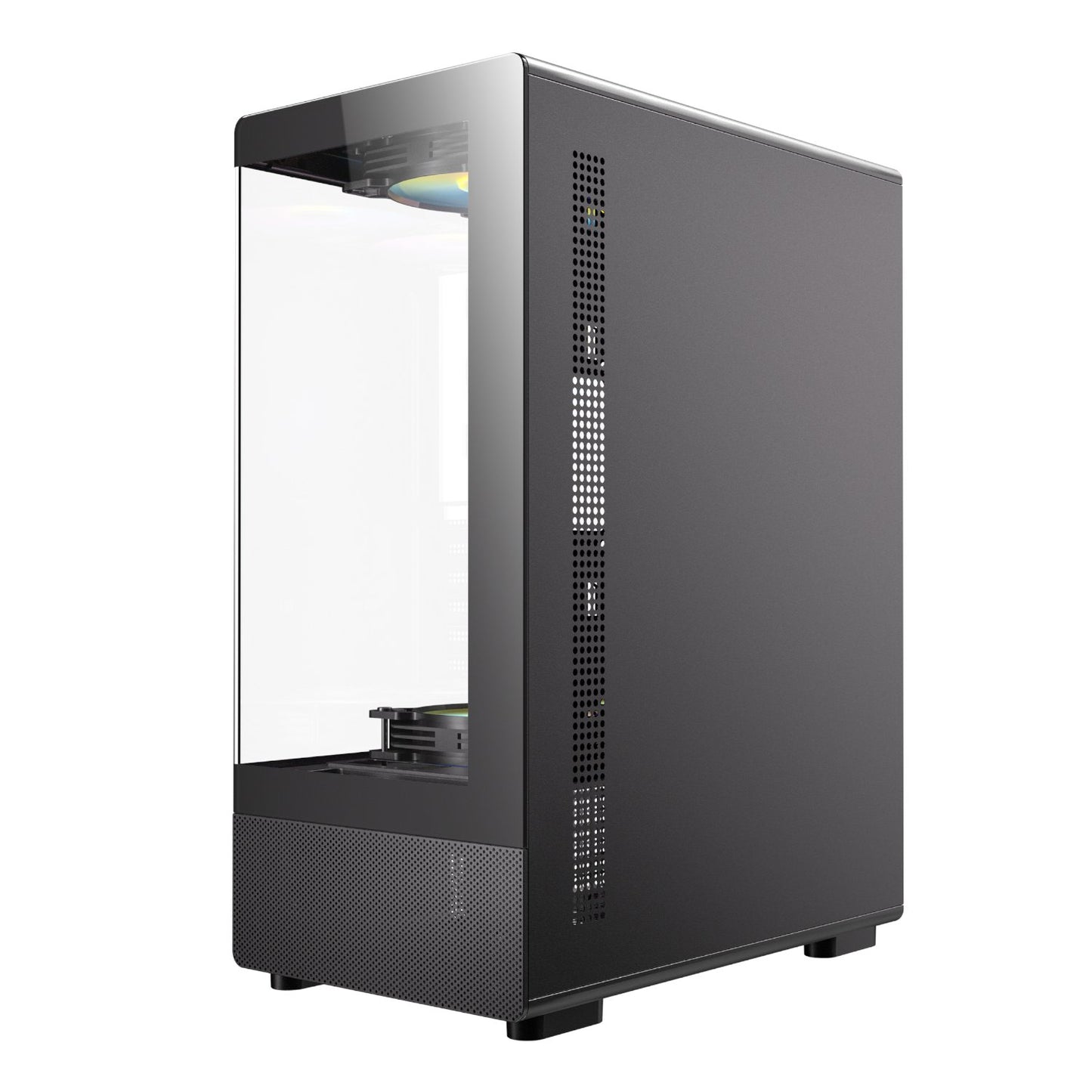 Black computer case with a clear side panel on a white background