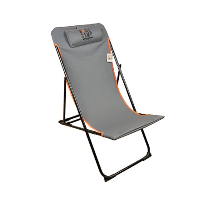 A gray Basecamp folding chair with orange accents, featuring a headrest and a tag visible on the upper side.