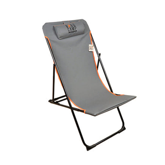 A gray Basecamp folding chair with orange accents, featuring a headrest and a tag visible on the upper side.