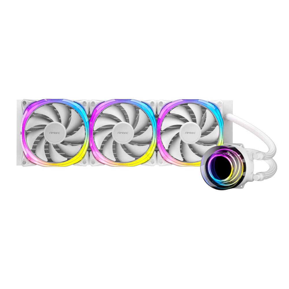 An Antec Vortex 360mm ARGB CPU Liquid Cooler with a suspended spiral pump head and RGB lighting around the fan rims.
