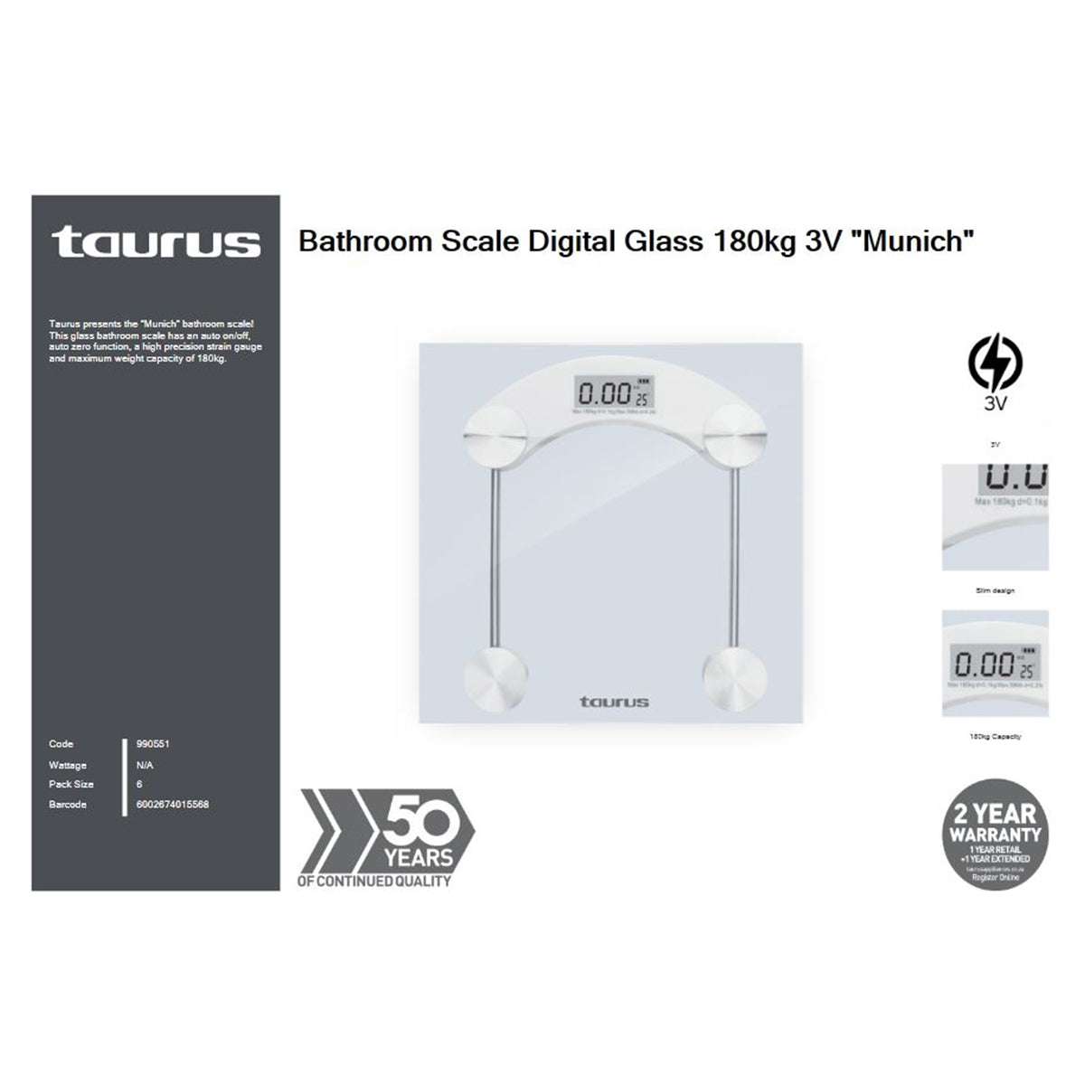 TAURUS BATHROOM SCALE GLASS DIGITAL 180KG
