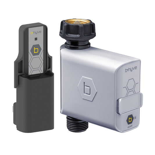 The image shows a smart hose tap timer with Wi-Fi hub and a smartphone app interface. The device is designed for garden watering control and is connected via Bluetooth.