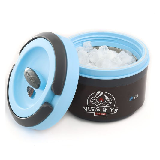 A grey and blue Vleis & Ys thermos with a lid on a white background, showing the container filled with ice.