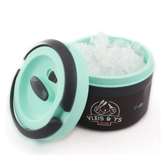 A grey and green Vleis & Ys thermos with a lid on a white background, showing the container filled with ice.