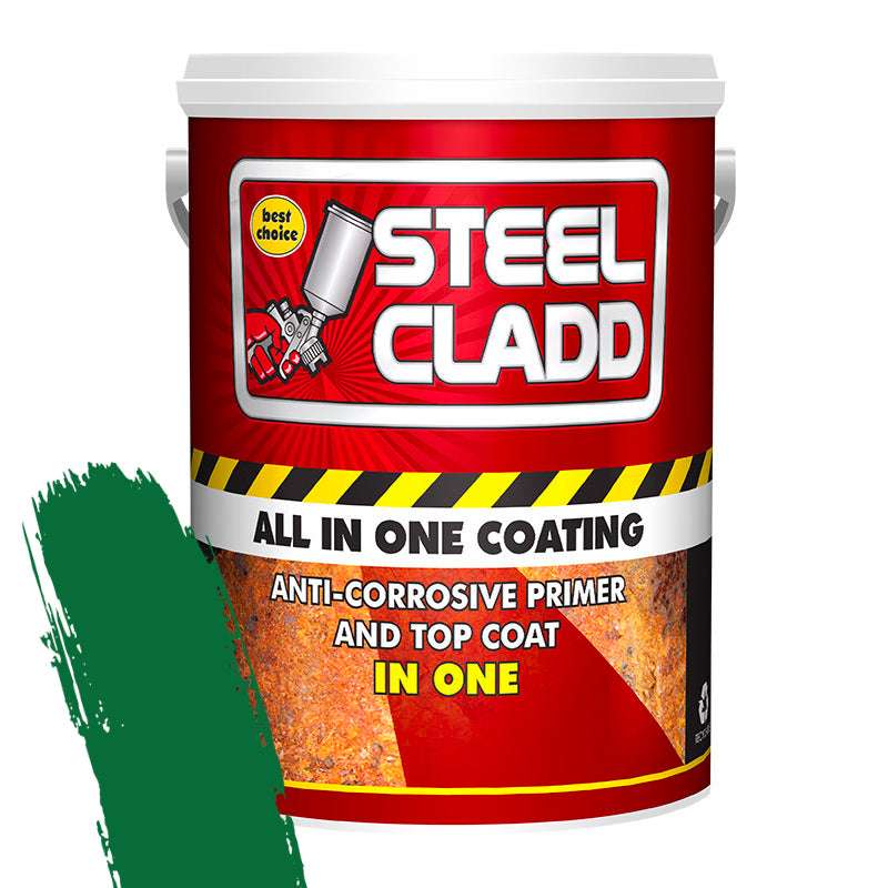 Steel Cladd coating container with red label and green paint swatch on a white background