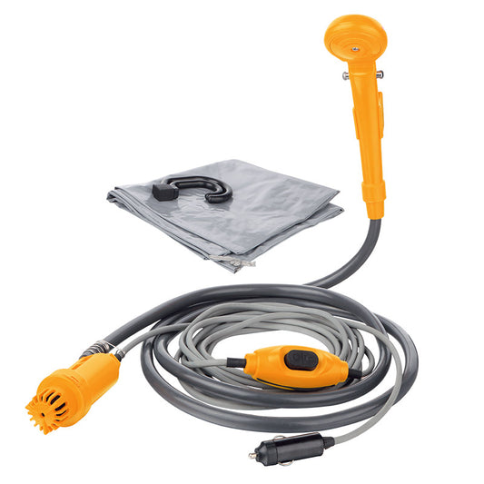 A portable yellow and gray Kaufmann 12V DC shower with a hose and a showerhead