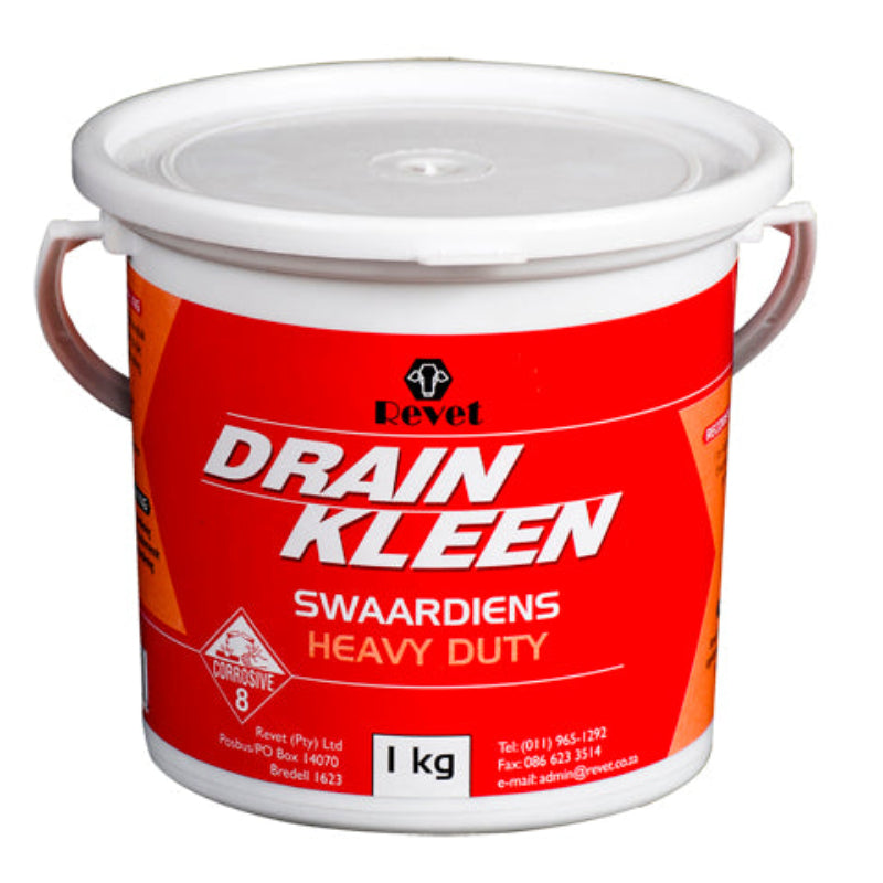 A white bucket with a red label that has the text 'DRAIN KLEEN' and 'Heavy Duty'. The weight of the product is indicated as 1 kg.