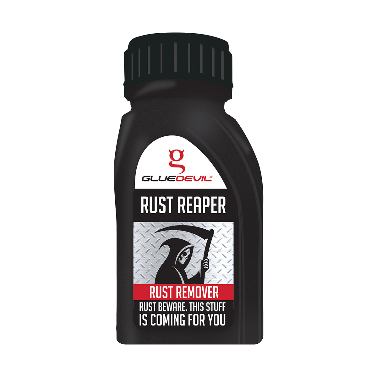 Bottle of Glue Devil Rust Reaper Rust Remover on a white background
