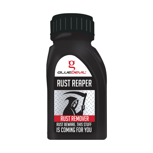 Bottle of Glue Devil Rust Reaper Rust Remover on a white background