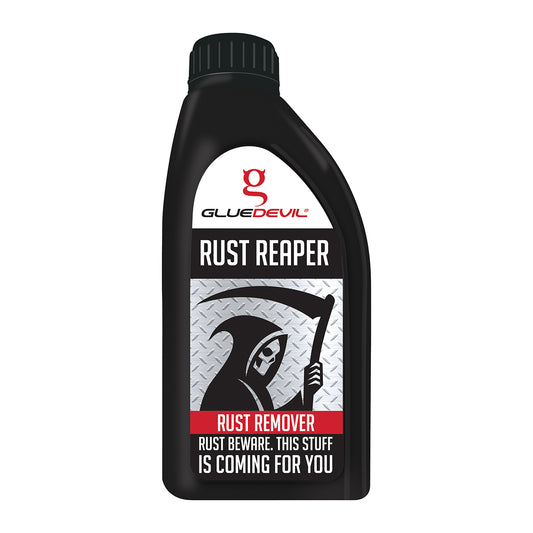 Bottle of Glue Devil Rust Reaper Rust Remover on a white background