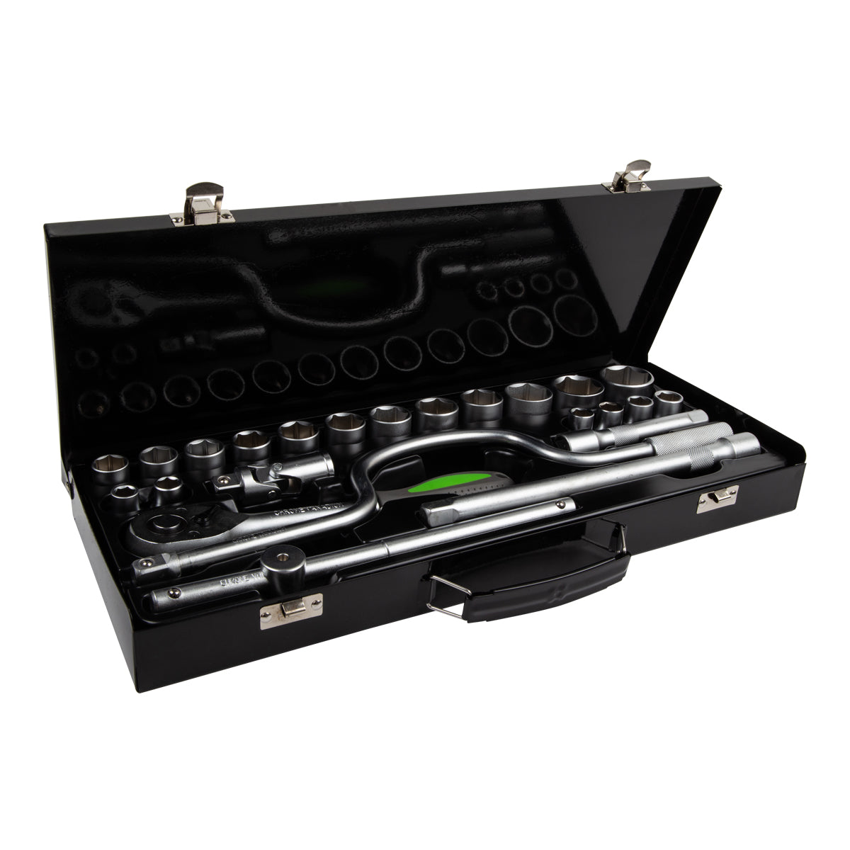 A 25-piece Kaufmann X socket drive set displayed in an open metal box with various sized sockets and tools.