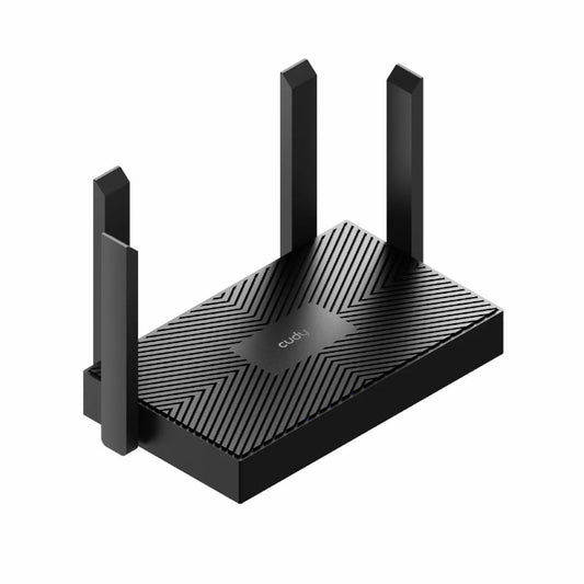 Black router with multiple antennas on a white background