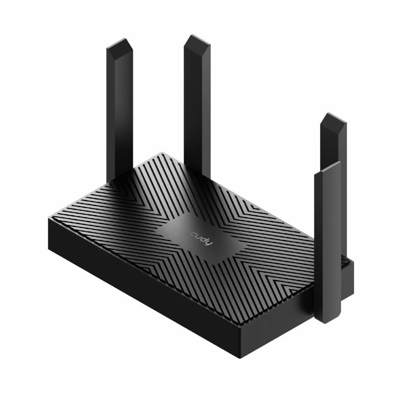 Black router with multiple antennas on a white background