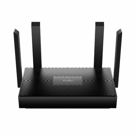 Black router with multiple antennas on a white background