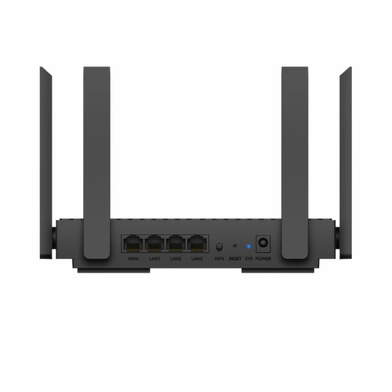 Black router with multiple antennas on a white background
