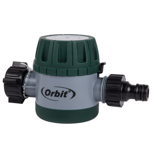 An Orbit brand mechanical tap controller with a green top, gray body, and black connectors.