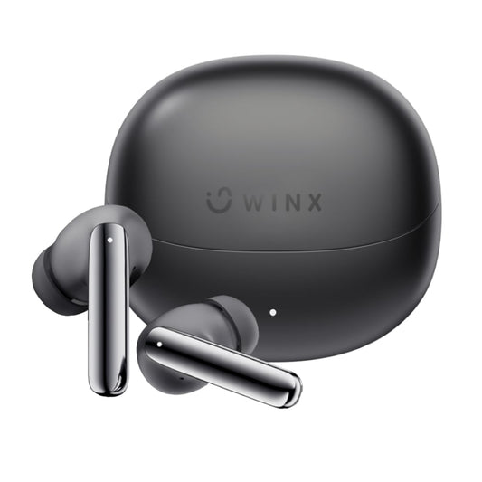 A pair of black WINX VIBE More Adaptive ANC Earpods with their charging case, displaying the brand name 'WINX' on the case.