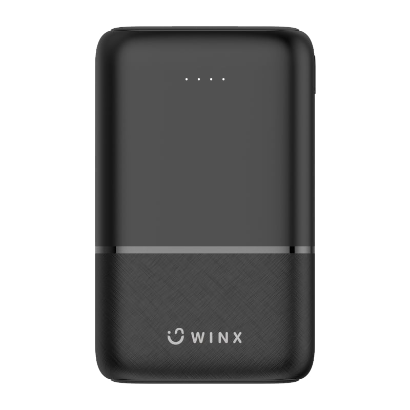 Black power bank with WINX branding on a white background