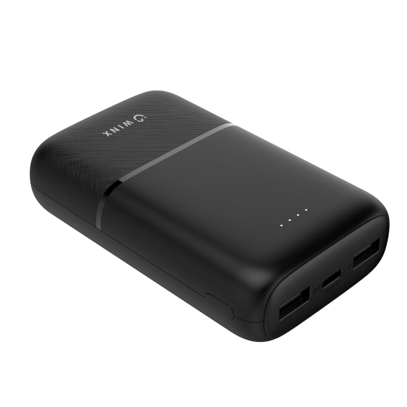 Black power bank with multiple ports on a white background